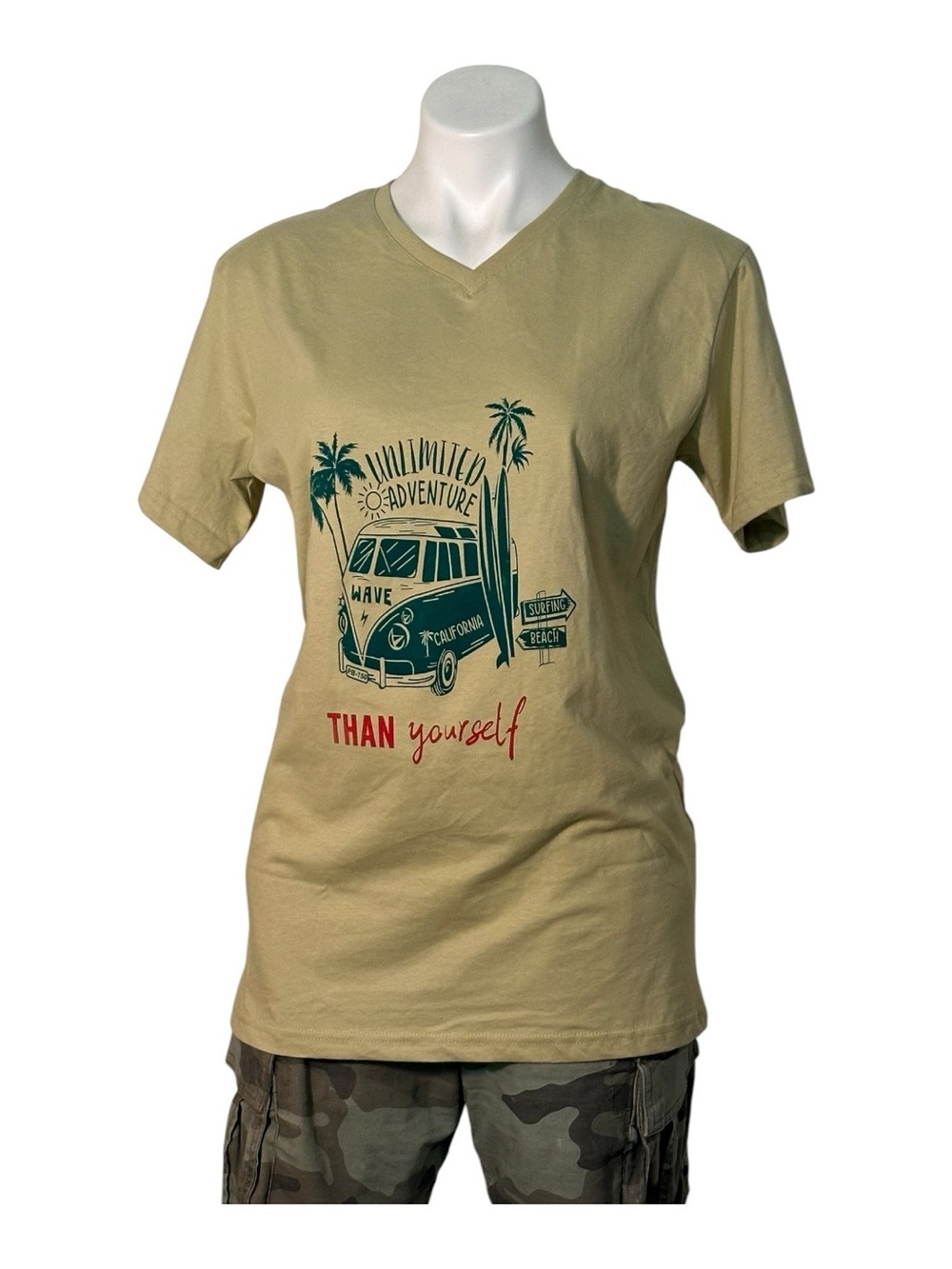 Hoodies Graphic Adventure Van V‑Neck Tee in Light Olive with Teal & Red Print